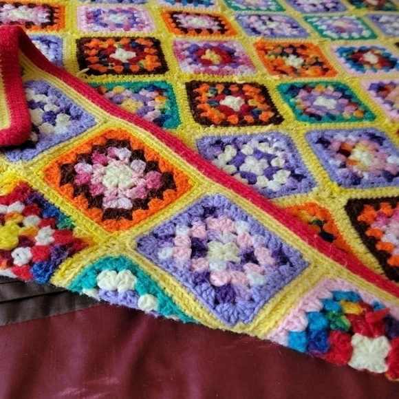 Vintage Granny Square Afghan Throw Blanket Rainbow Multi color Boho Handmade - Picture 12 of 14